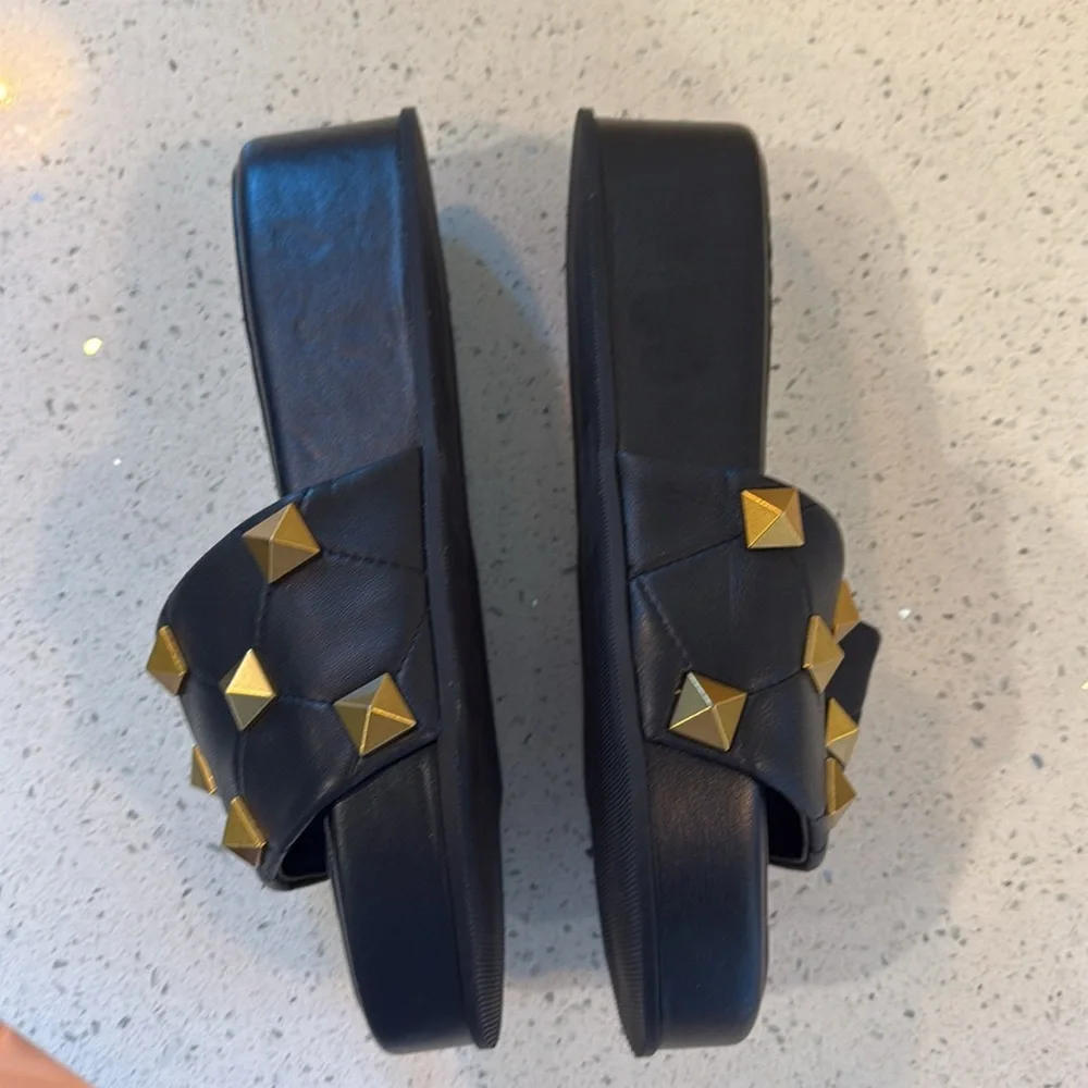 Valentino Black and Gold Women's Slide Sandals